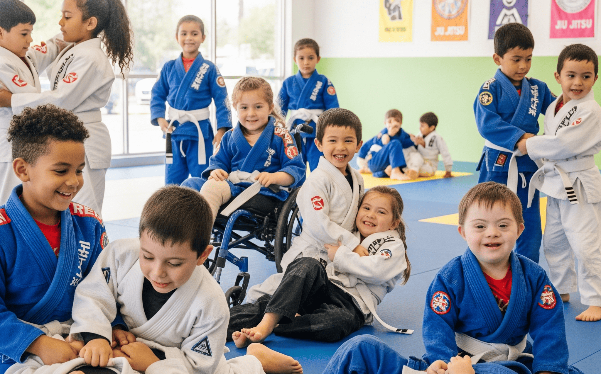 Crianças praticando jiu-jitsu em um tatame, com um instrutor ao lado.